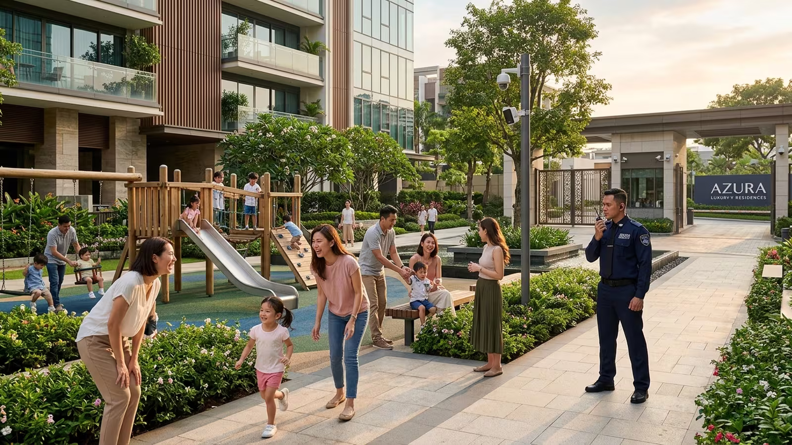 Familia en condominio residencial protegido por sistema de seguridad integral