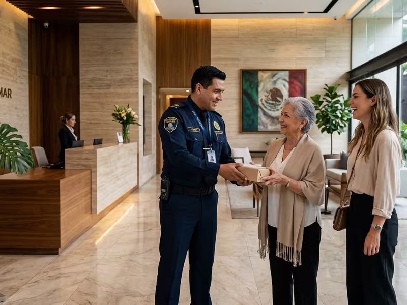 Guardia de seguridad privada controlando acceso peatonal en condominio CDMX