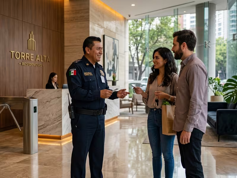 Guardia de seguridad privada controlando acceso de visitantes en condominio