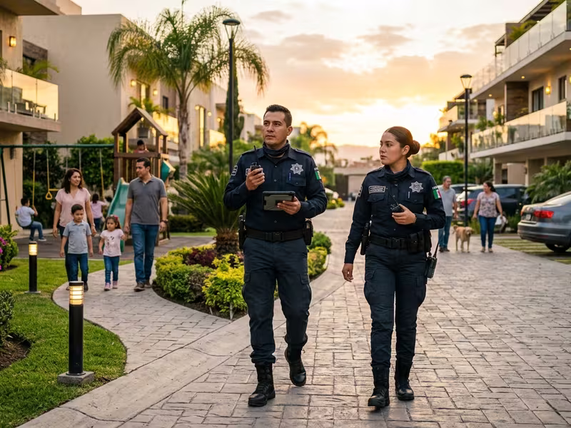 Guardia de seguridad en patrullaje dentro de un condominio residencial